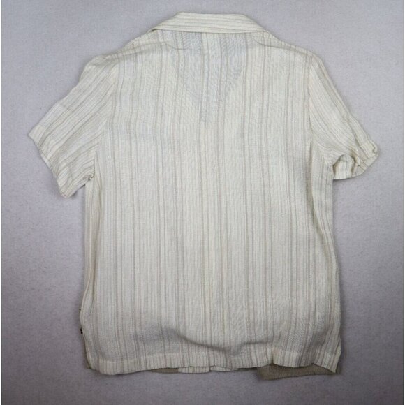 WOMEN'S BEIGE STRIPED SHORT SLEEVE BUTTON-UP TOP - CM SHAPES - BEADED FRINGE PM - Picture 9 of 10